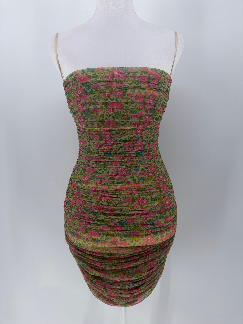 House of CB Floral Mesh Ruched‎ Bodycon Mini Dress Small Pink Cottagecore